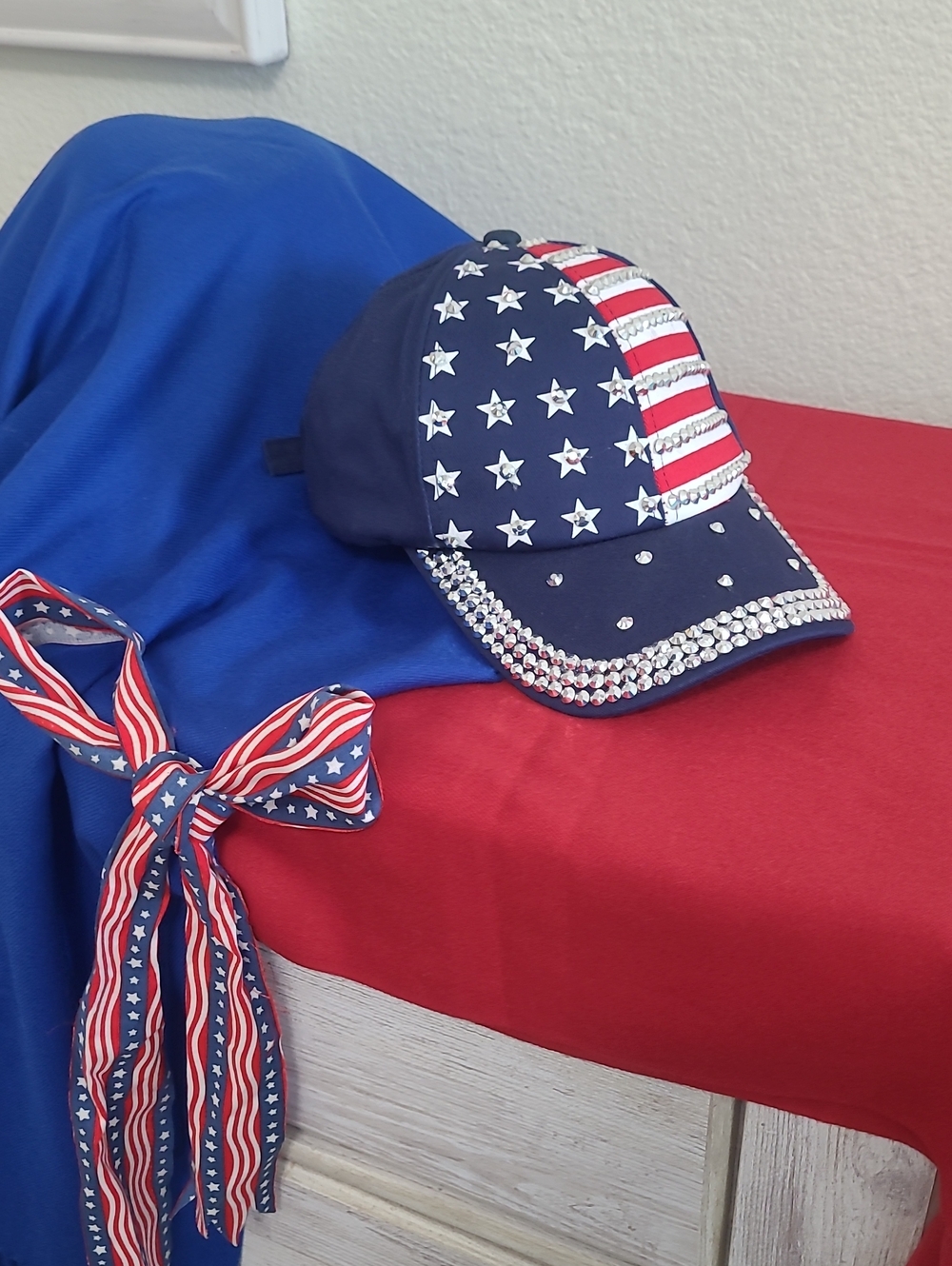 Womens Cap, USA Flag Red, White & Blue with Rhinestones